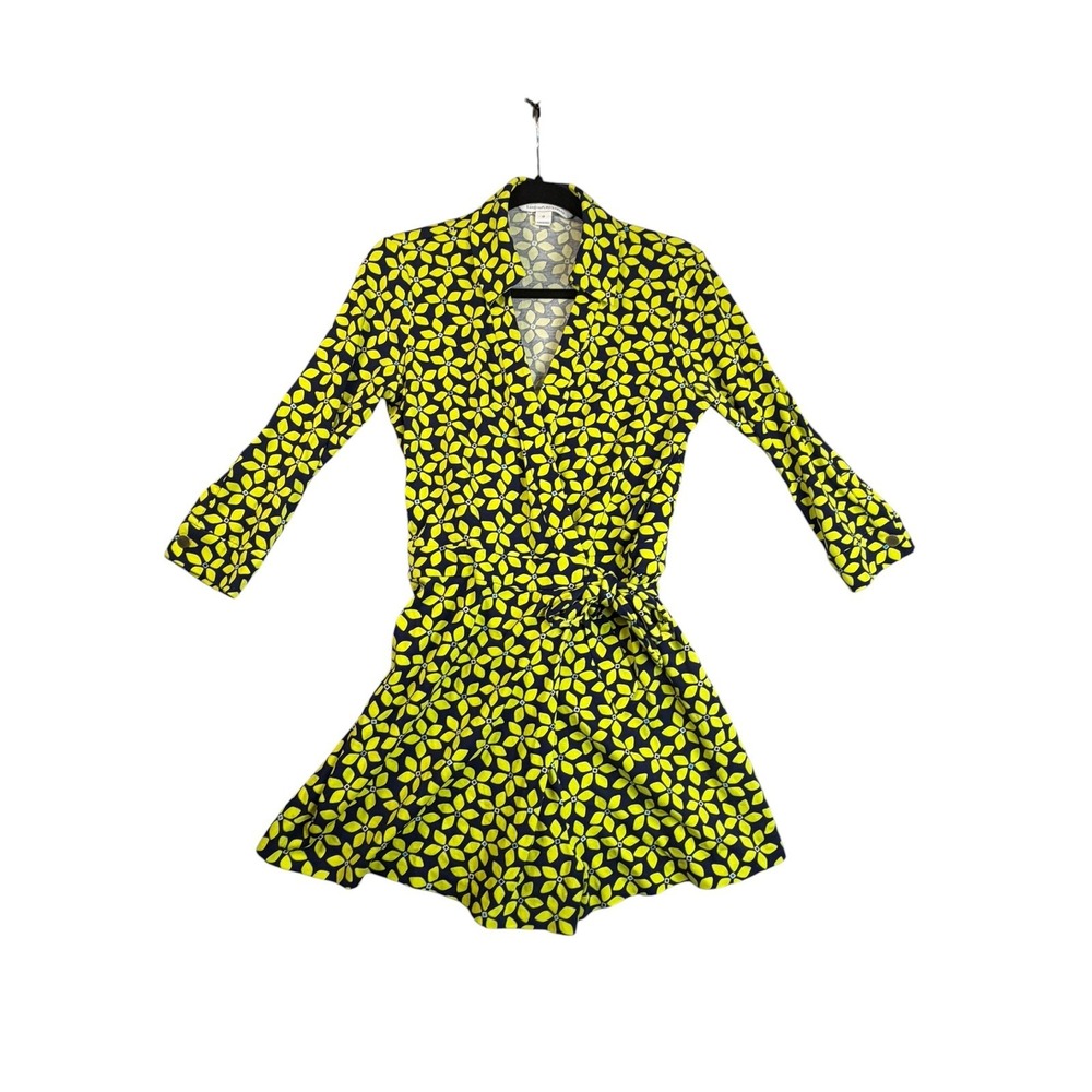 Diane von Furstenberg Yellow Navy‎ Floral Wrap Romper Long Sleeve Size 12